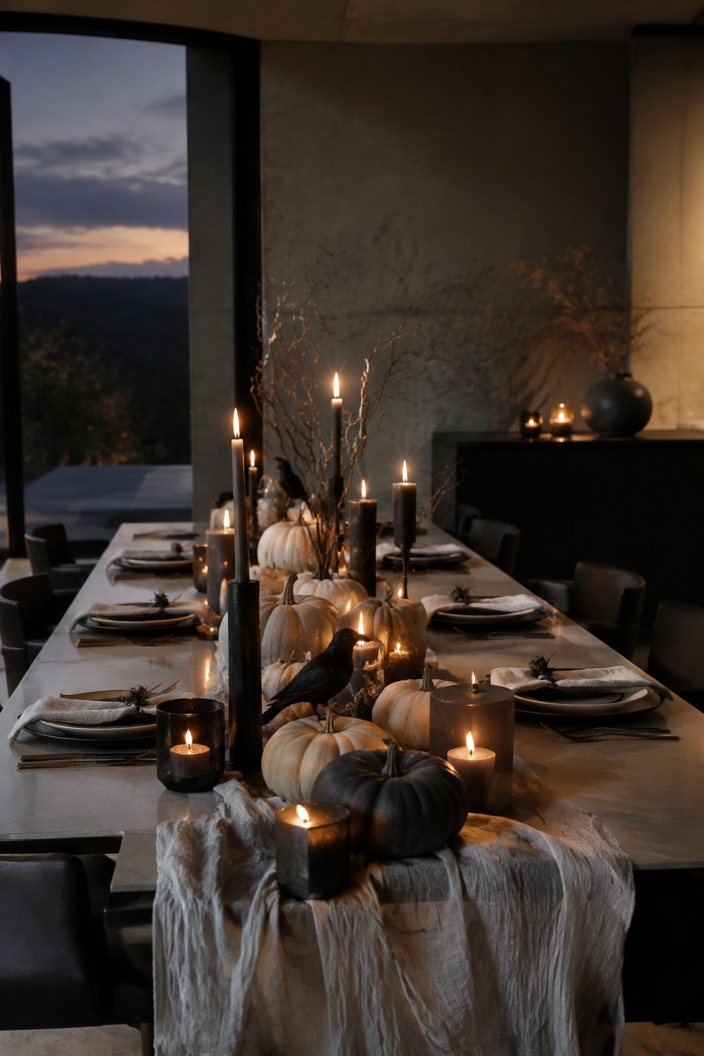 Moody autumn tablescape with white pumpkins, black candles, crows, and branches.