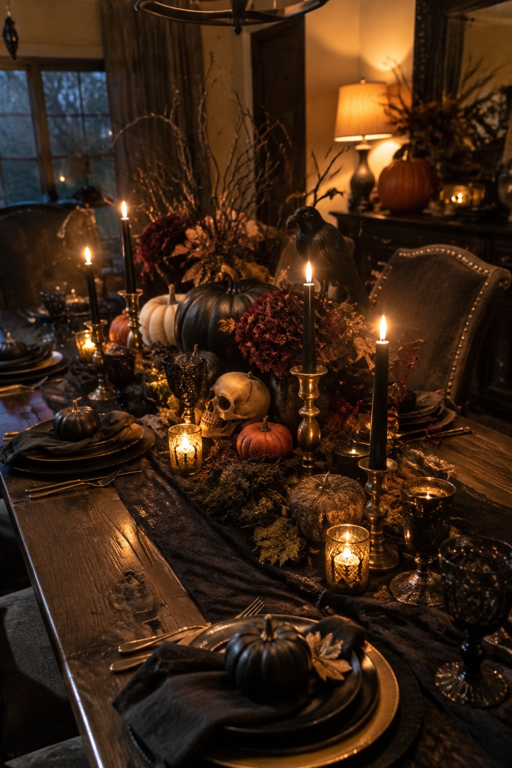 Elegant dark table with lit black candles, pumpkins, skull, crow, and moody florals.
