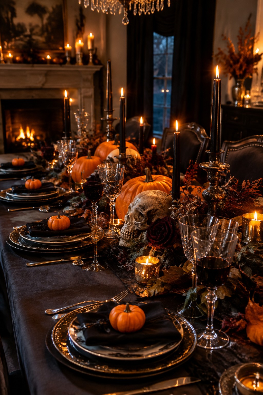 Elegant dark table with pumpkins, skull, black candles, wine glasses, and autumn leaves.