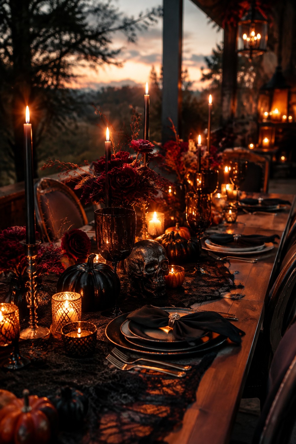 Outdoor dining table set with a large skull centerpiece, black roses, tall black candles, small pumpkins, and black tableware.