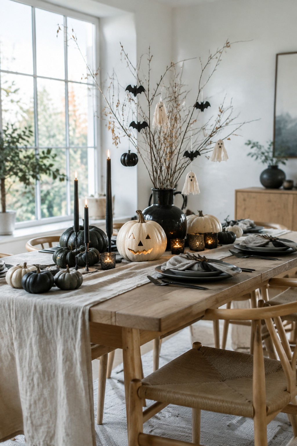 A wooden dining table set with a black vase holding bare branches from which black bats and white ghosts hang, surrounded by white and black pumpkins and black candles.