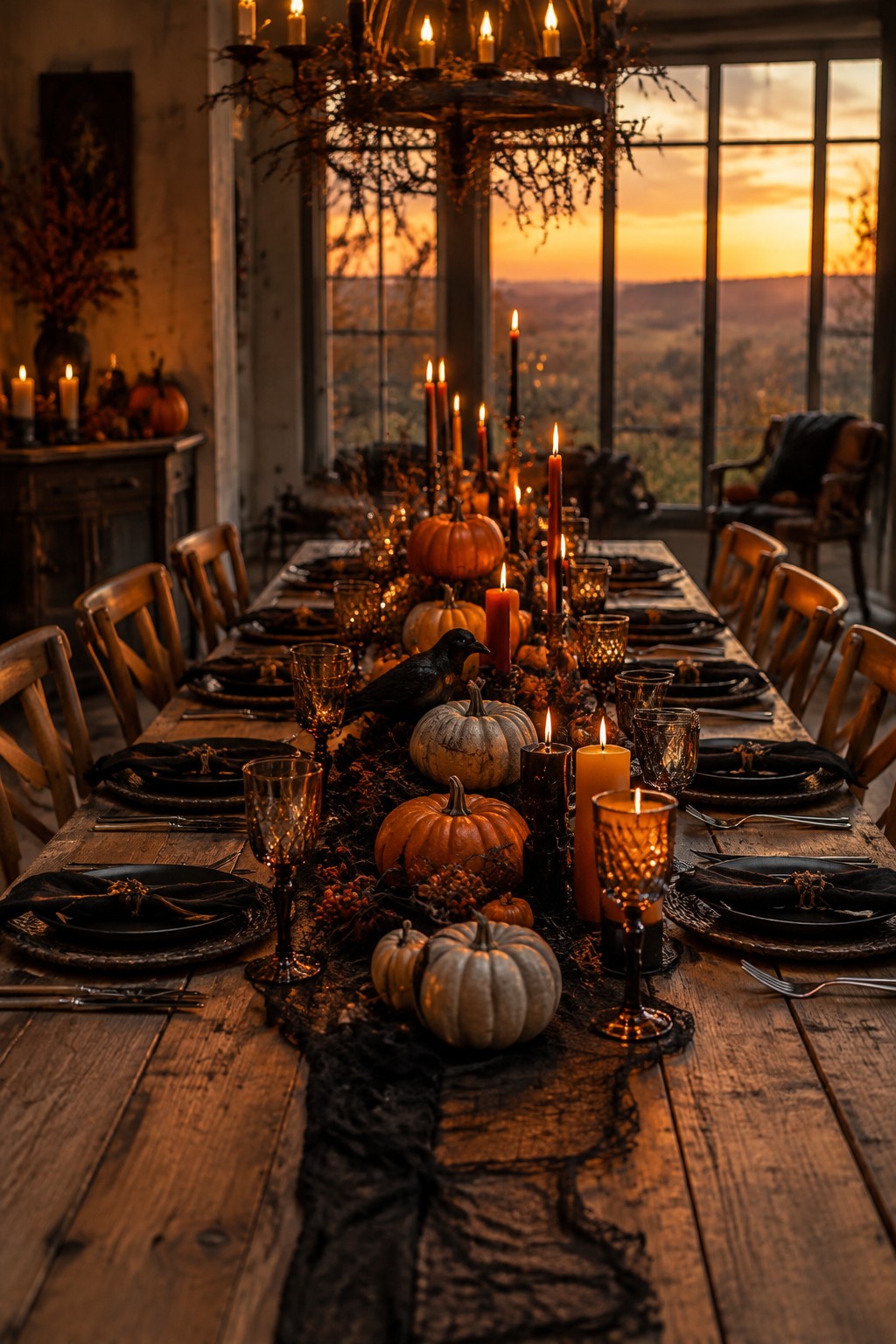 A long wooden dining table decorated with a black raven centerpiece, assorted pumpkins, black candles, and dark place settings.