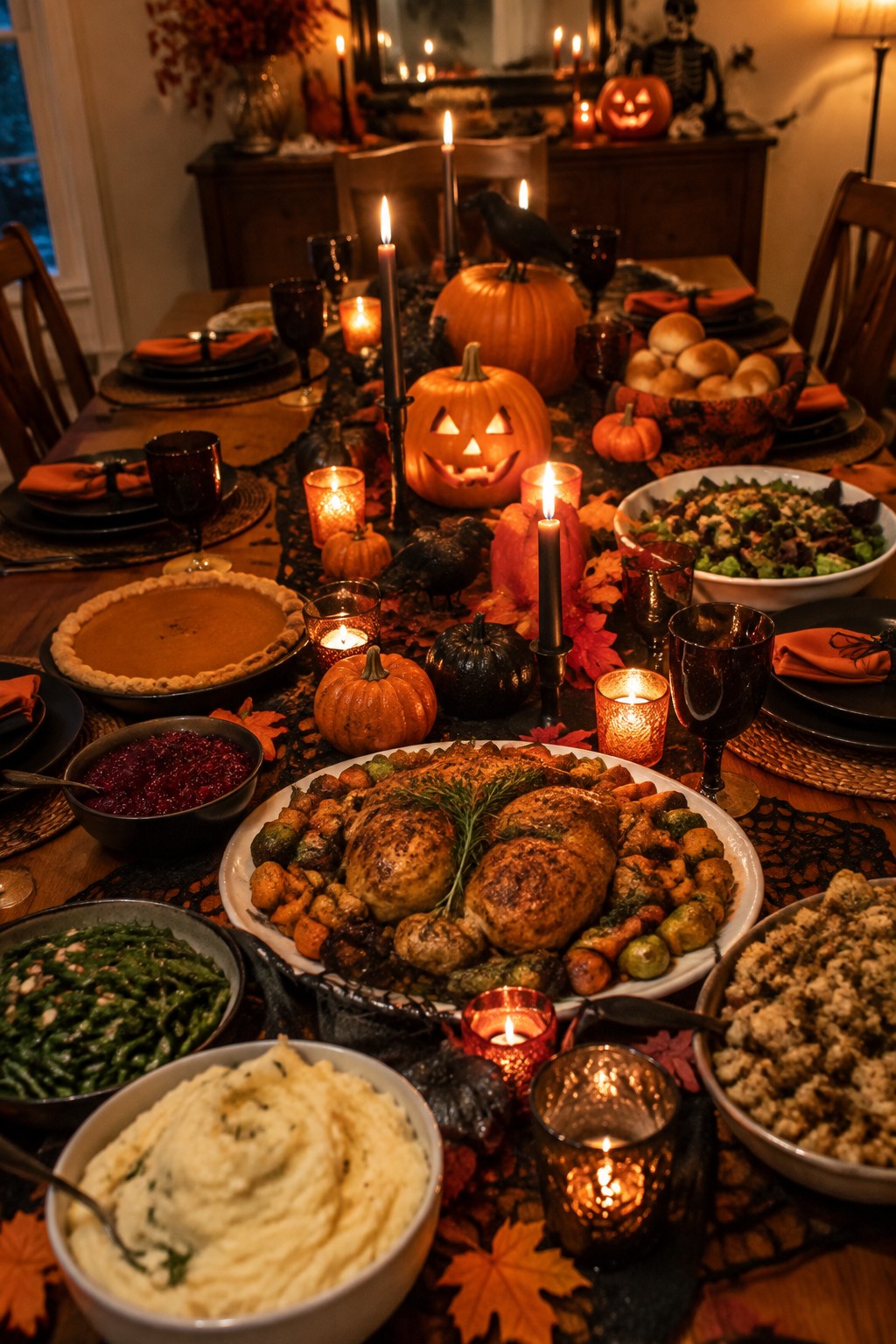 A dining table set for Thanksgiving with two carved jack o lanterns, black crows, candles, and fall side dishes arranged along a dark runner.