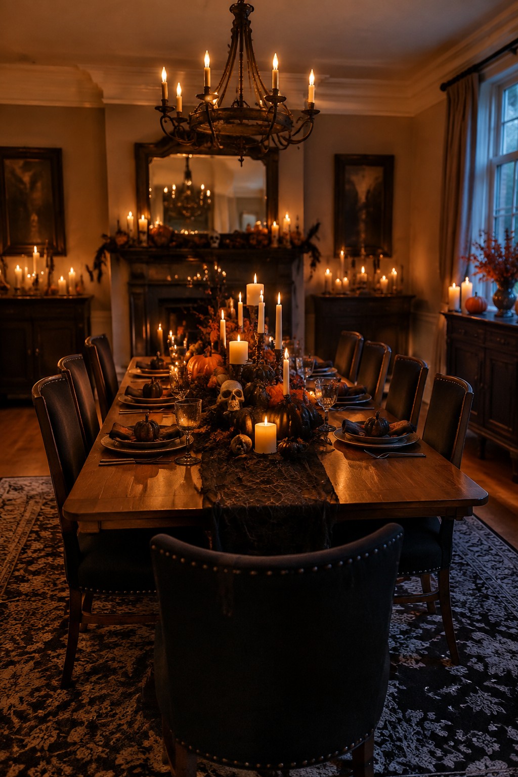 Dimly lit dining table with pumpkins, skulls, and candles beneath chandelier