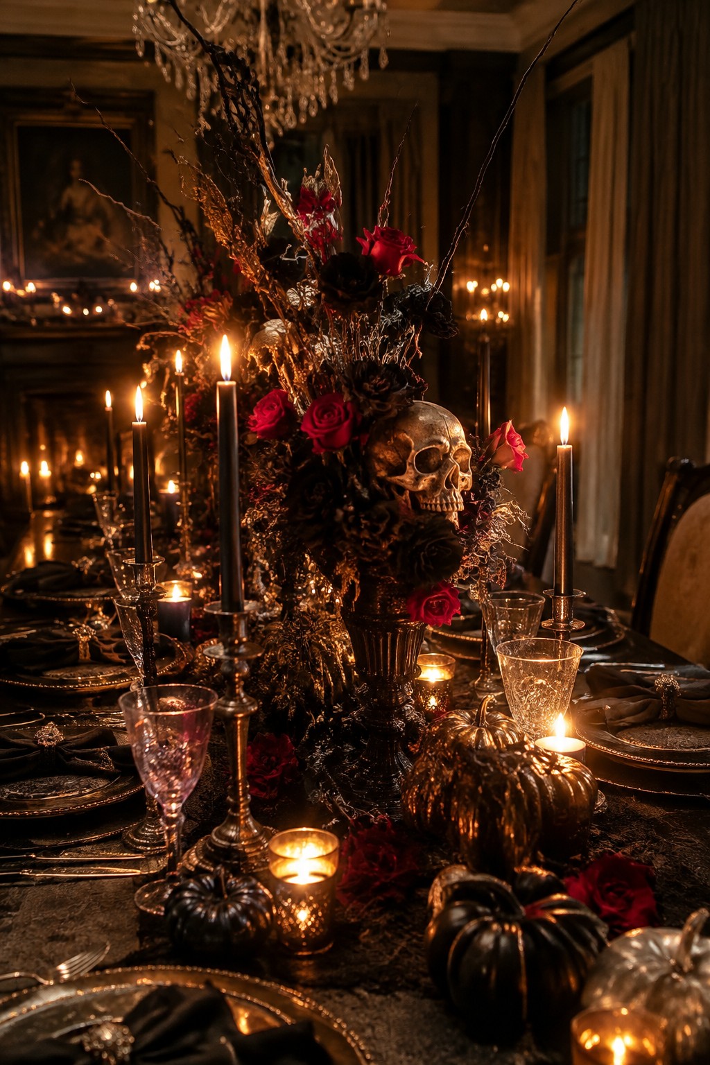 Dining table with a large central arrangement featuring a metallic skull, black and red roses, dark branches, black candles, and metallic pumpkins.