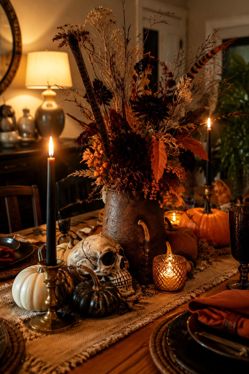 Rustic autumn table with skull, pumpkins, dried florals, and glowing black candles