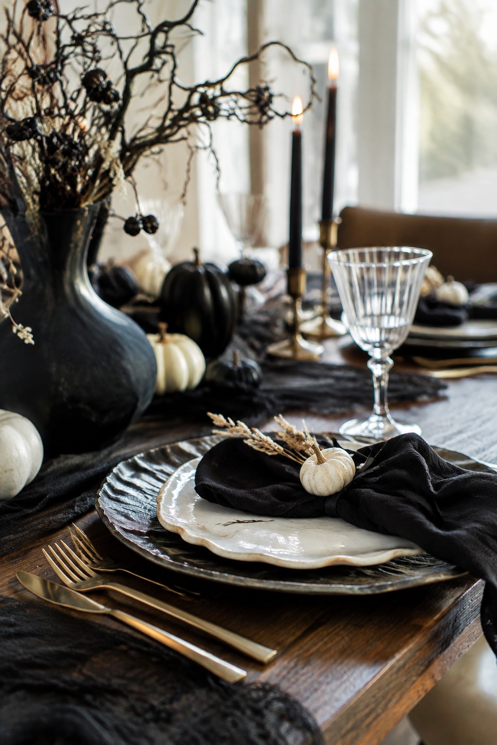 Elegant dark tablescape with black pumpkins, lit candles, gold cutlery, and white plates.