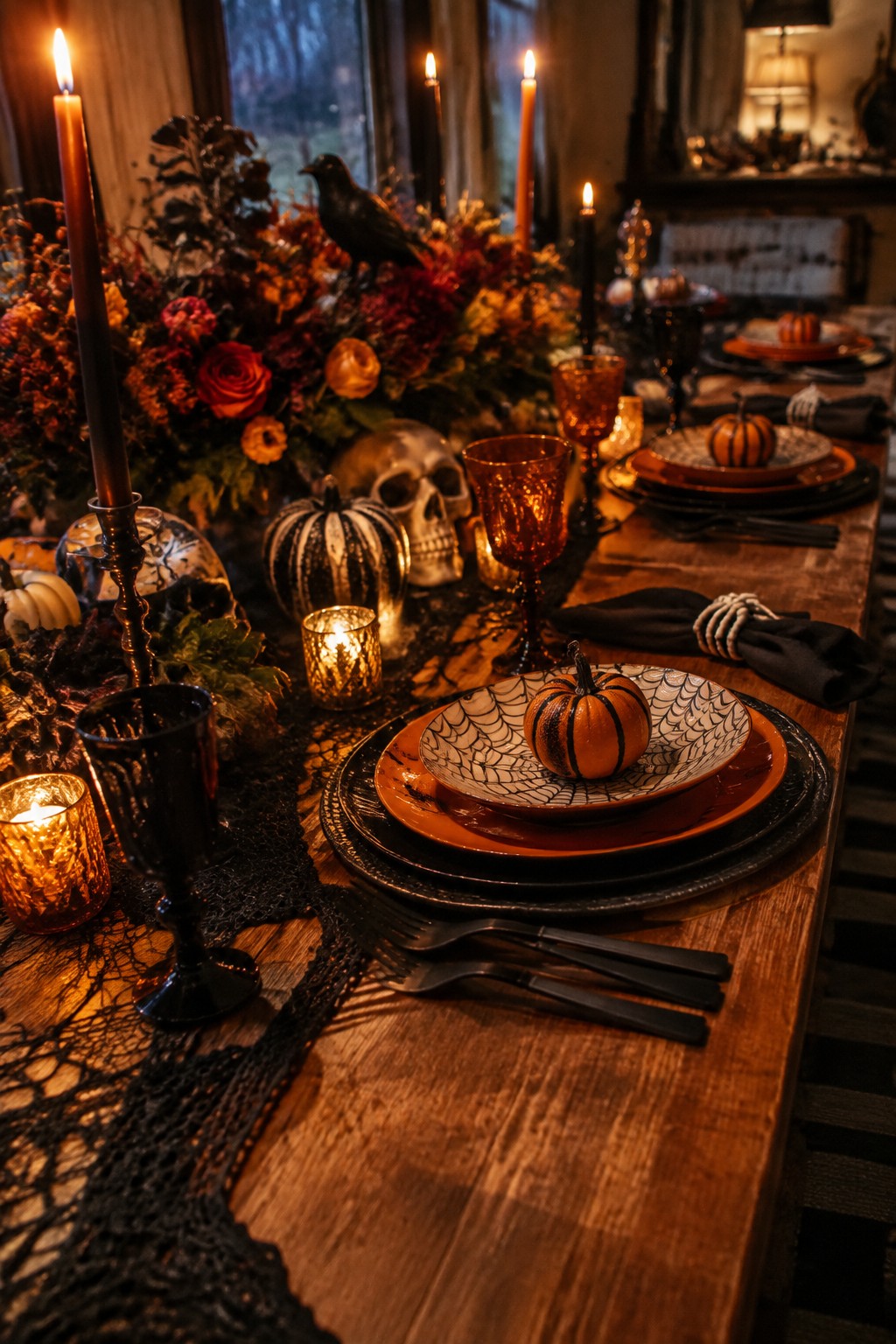 Dark Halloween table with spiderweb plates, pumpkins, skulls, and lit candles.