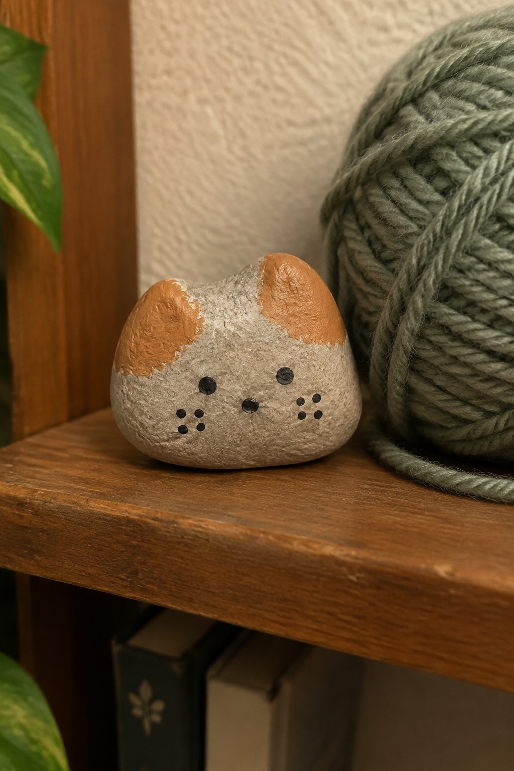 Painted stone cat with orange ears beside green yarn on wooden shelf