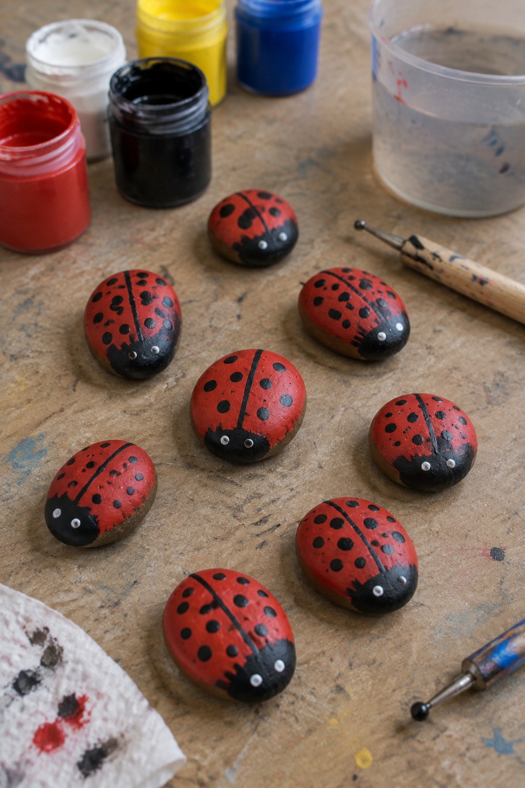 Several smooth stones painted as red ladybugs with black spots, black heads, and white eye dots sit on a wooden surface next to open paint jars and dotting tools.