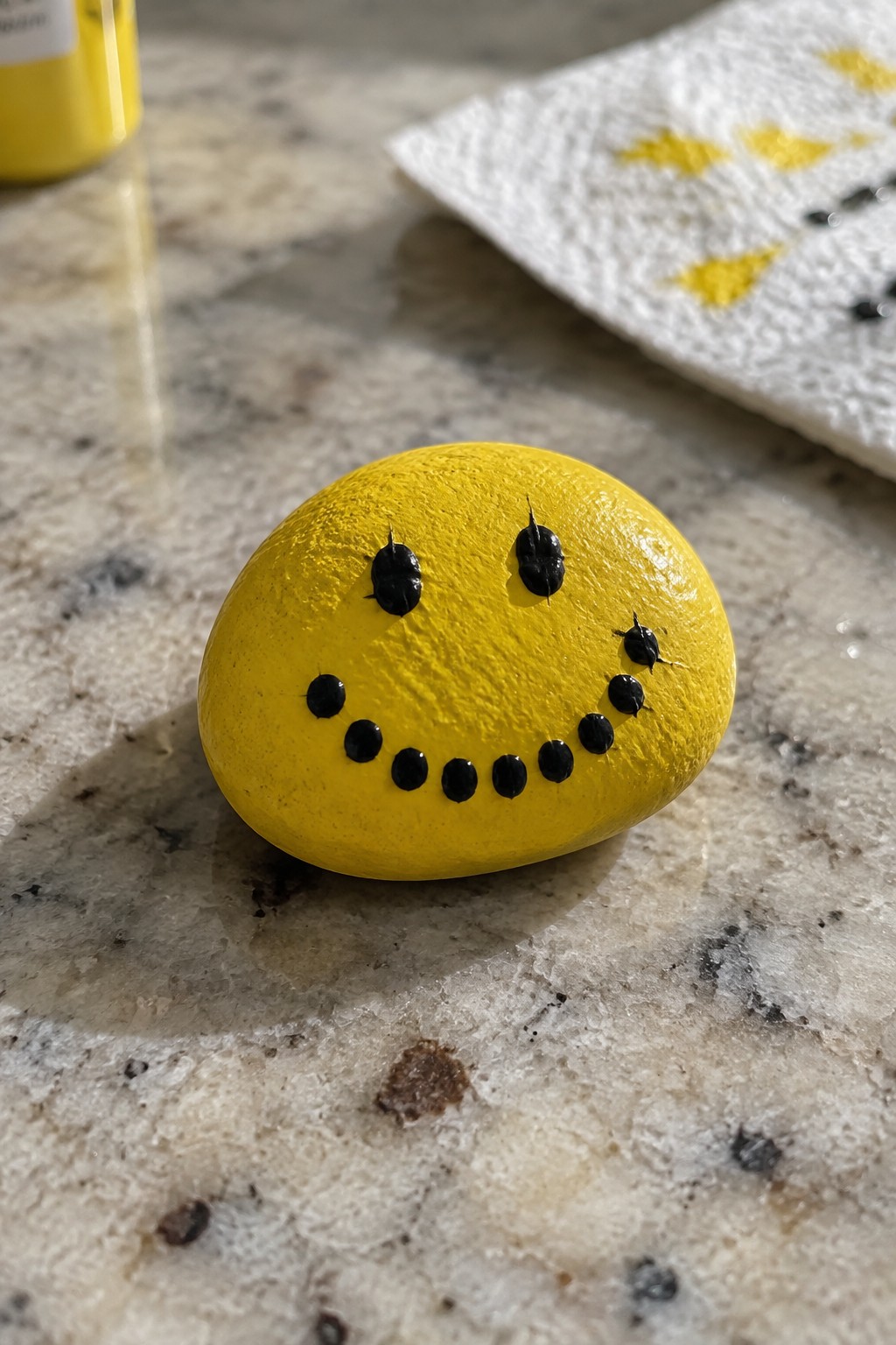 Yellow painted rock with black dotted smiley face on marble countertop