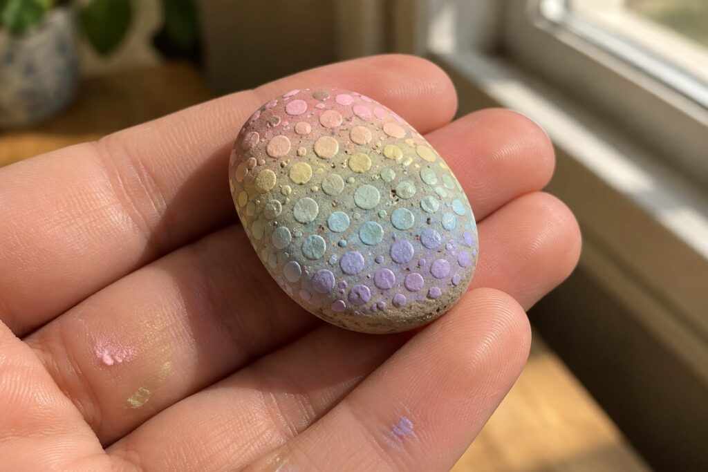 A hand holds a small oval rock covered in rows of dots forming a rainbow gradient from pink at the top to purple at the bottom.