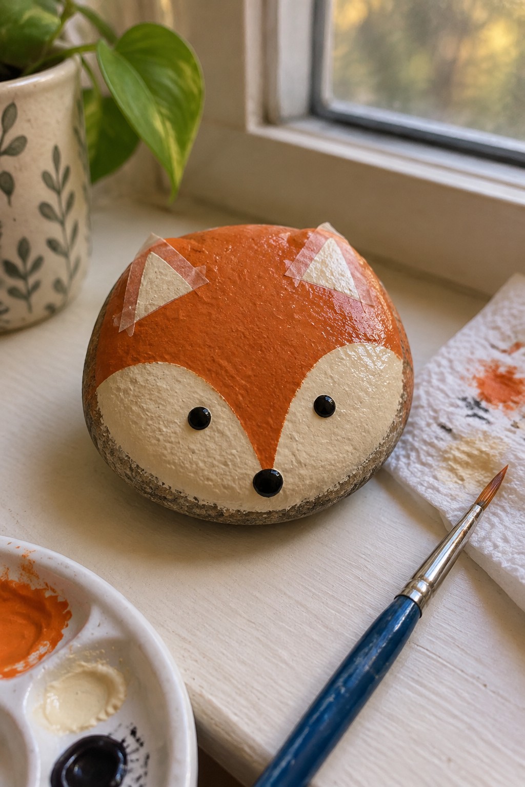 Painted orange fox rock on windowsill beside paint palette, brush, and paper towel.