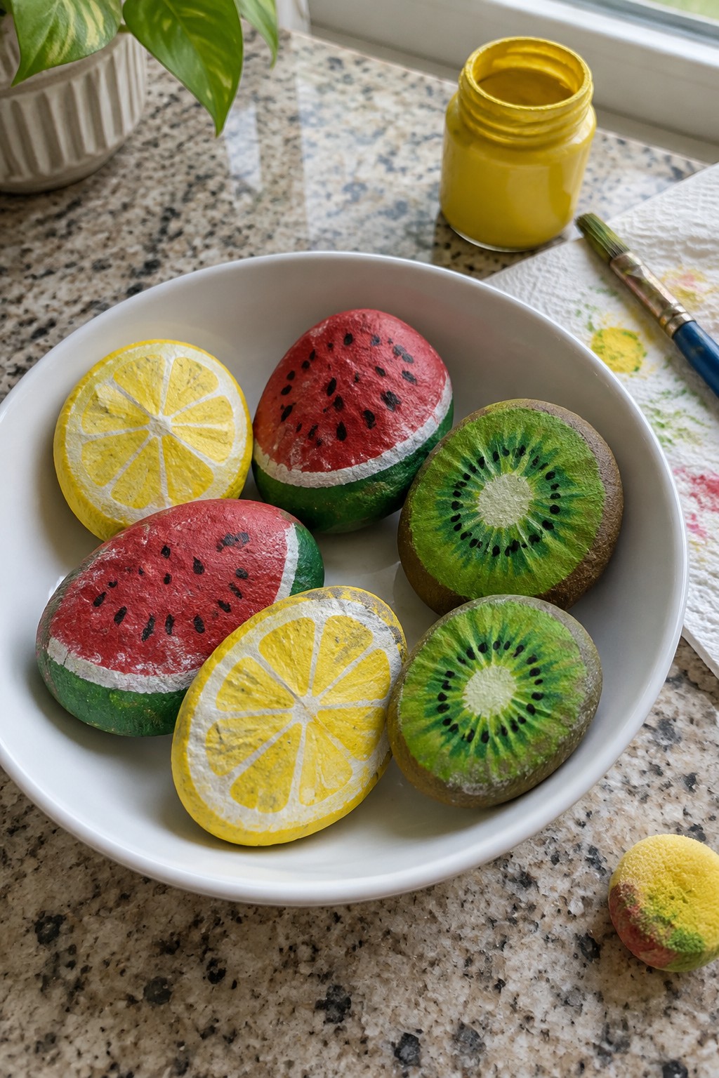 Painted rocks resembling lemon, watermelon, and kiwi slices in a white bowl.