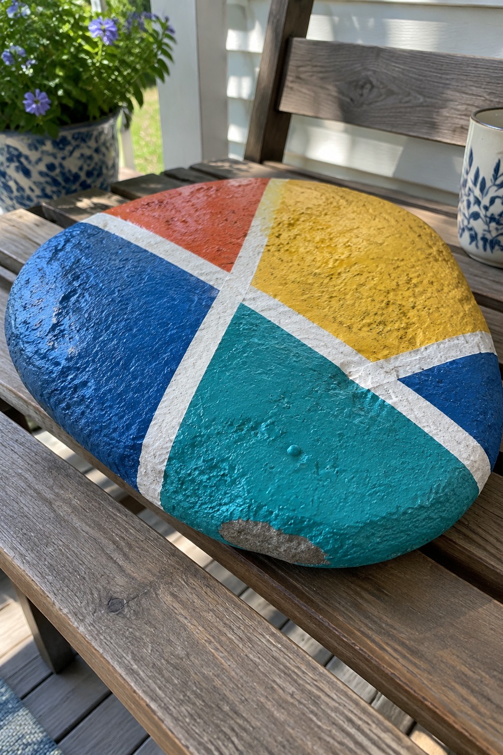 Painted rock with blue, red, yellow, and teal sections on wooden bench