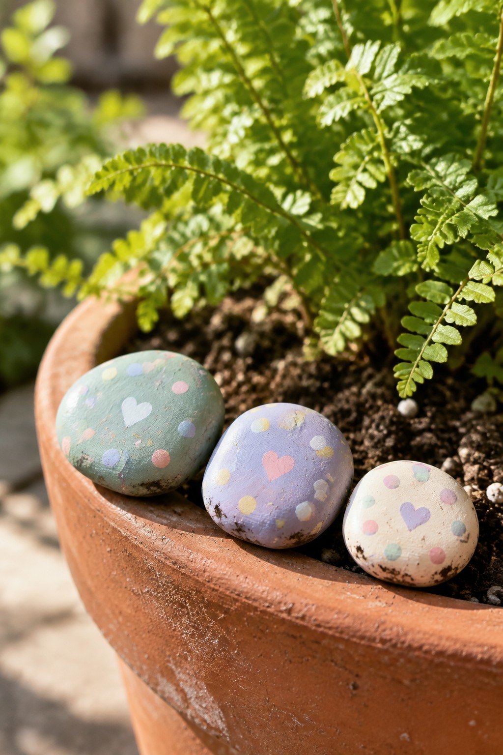 Three pastel-painted rocks with hearts and dots in a terracotta pot with fern