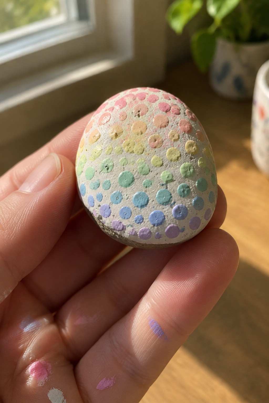 A hand holds a small oval rock covered in rows of dots forming a rainbow gradient from pink at the top to purple at the bottom.