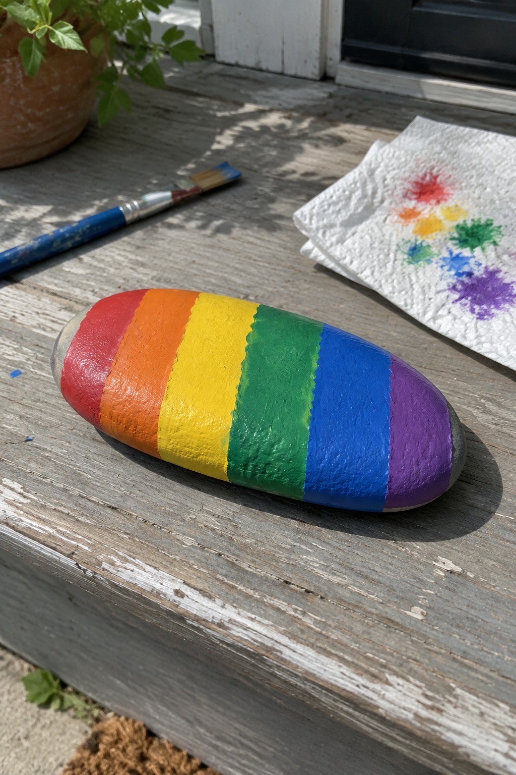 Rainbow painted rock on wooden surface beside paintbrush and splattered paper towel