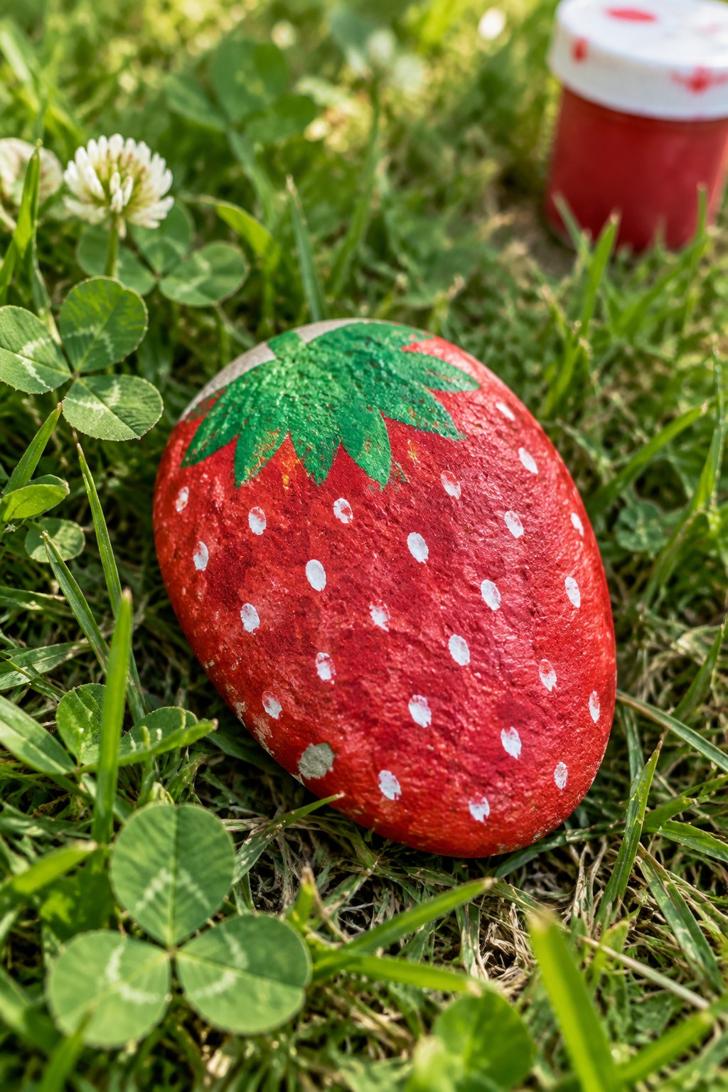 Painted red strawberry rock with white dots and green leaves on grass