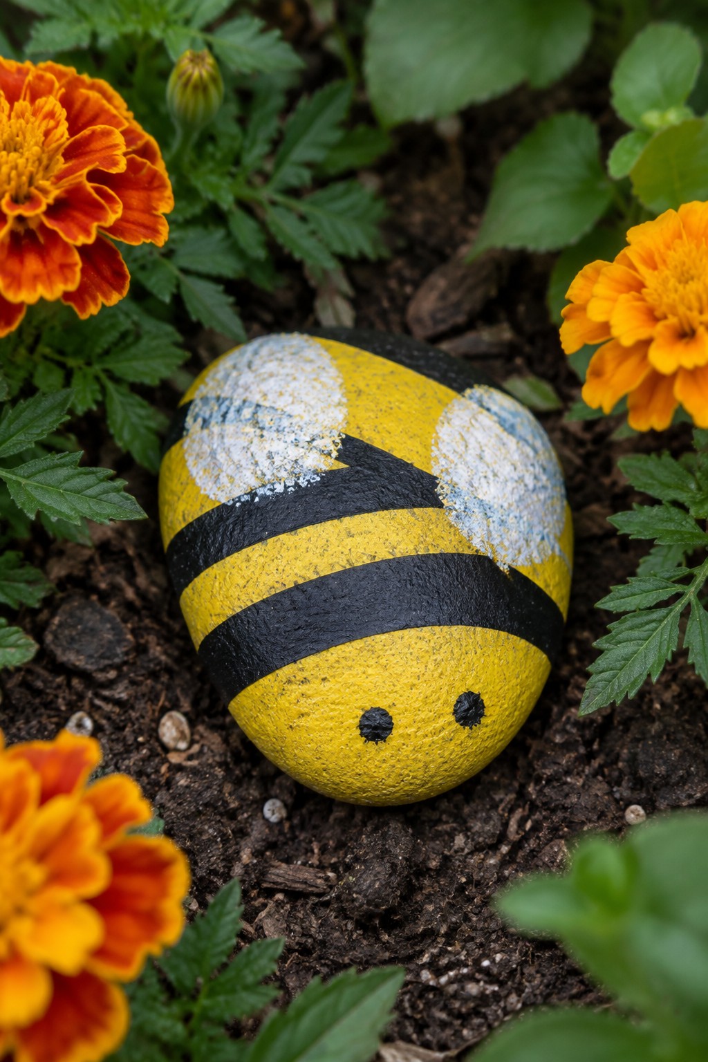 Yellow bumblebee rock with black stripes, eyes, and wings among orange flowers in soil