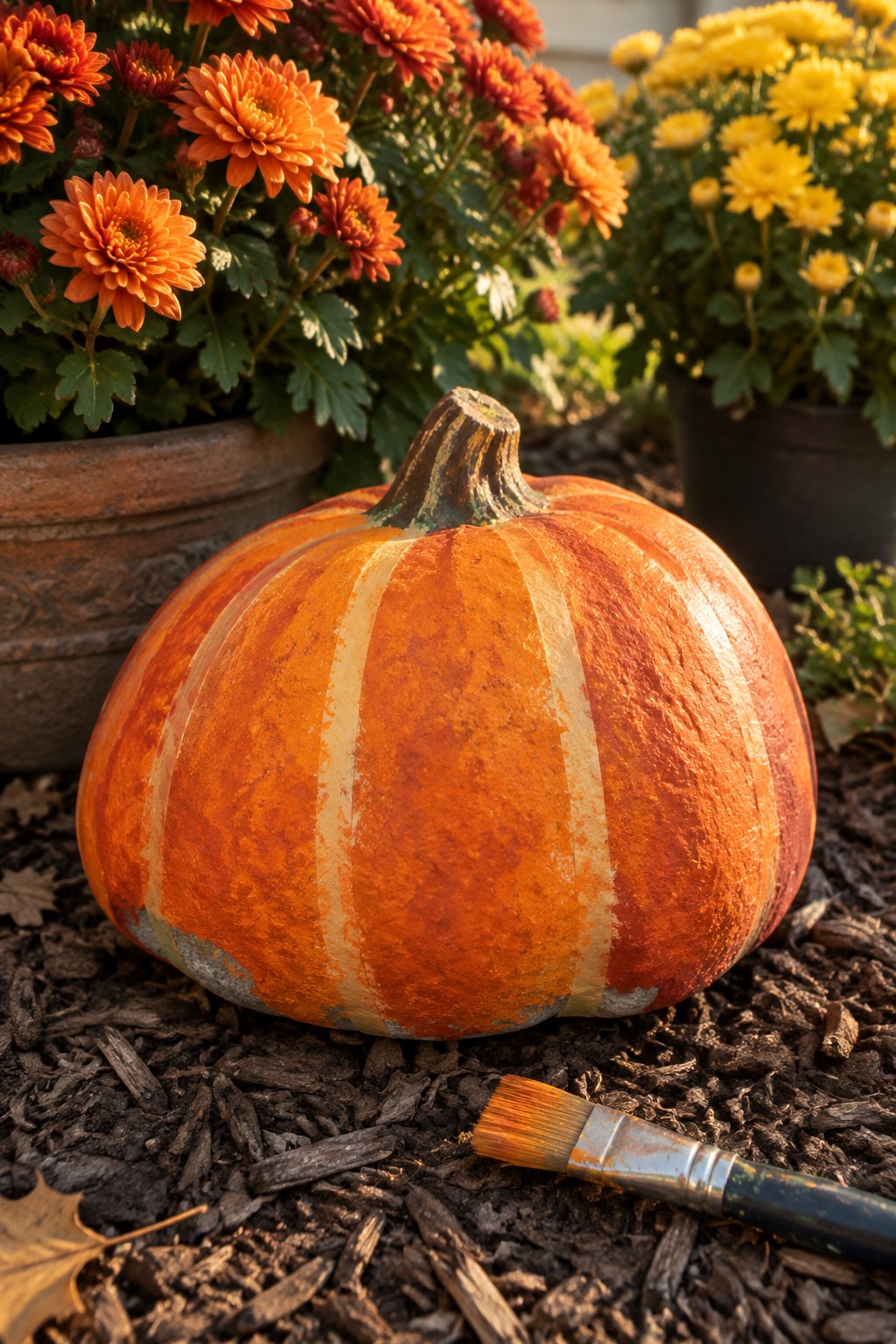 Orange pumpkin with white stripes and paintbrush on mulch near chrysanthemums