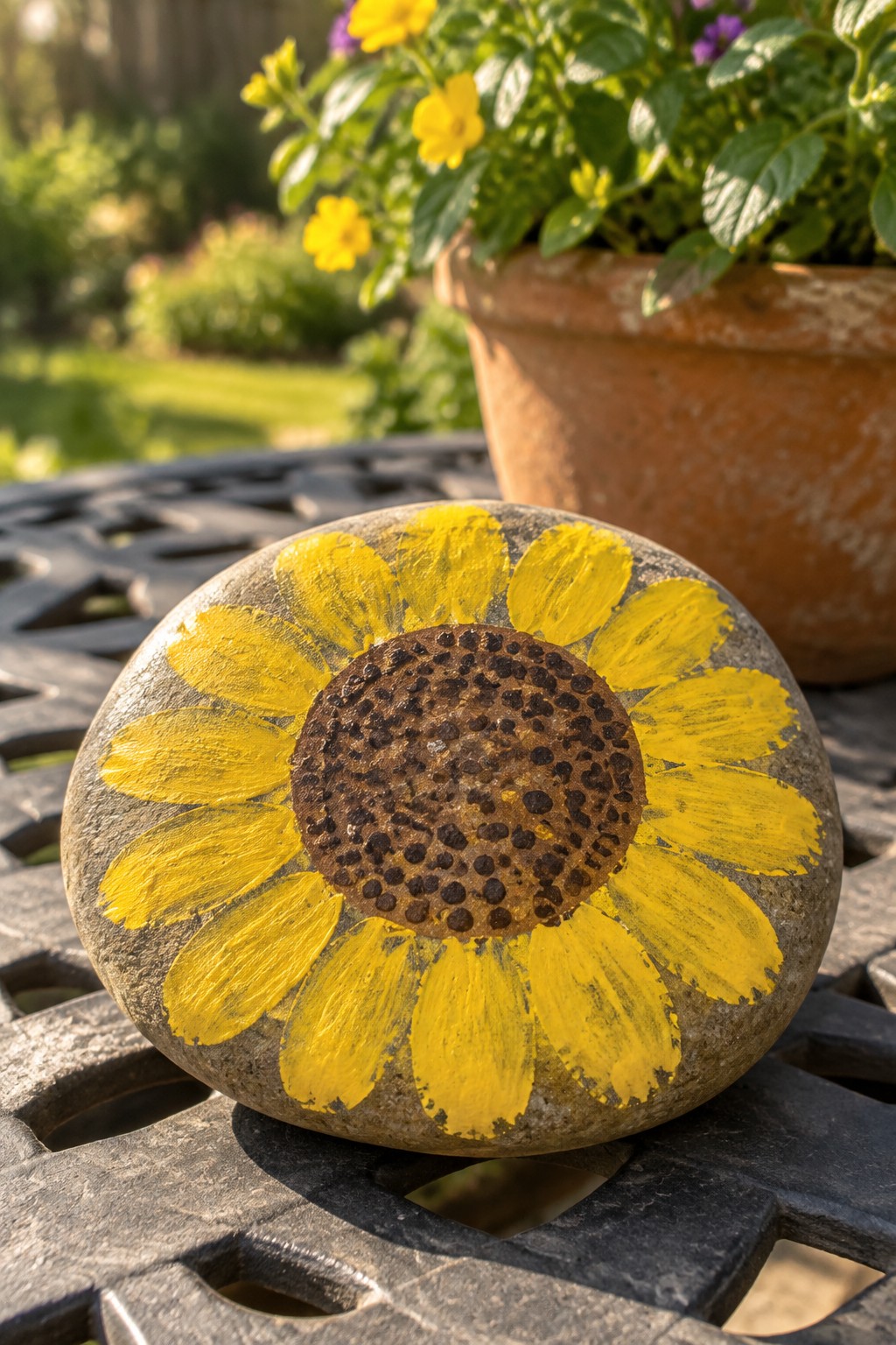 Painted sunflower rock with yellow petals on metal table near potted plant