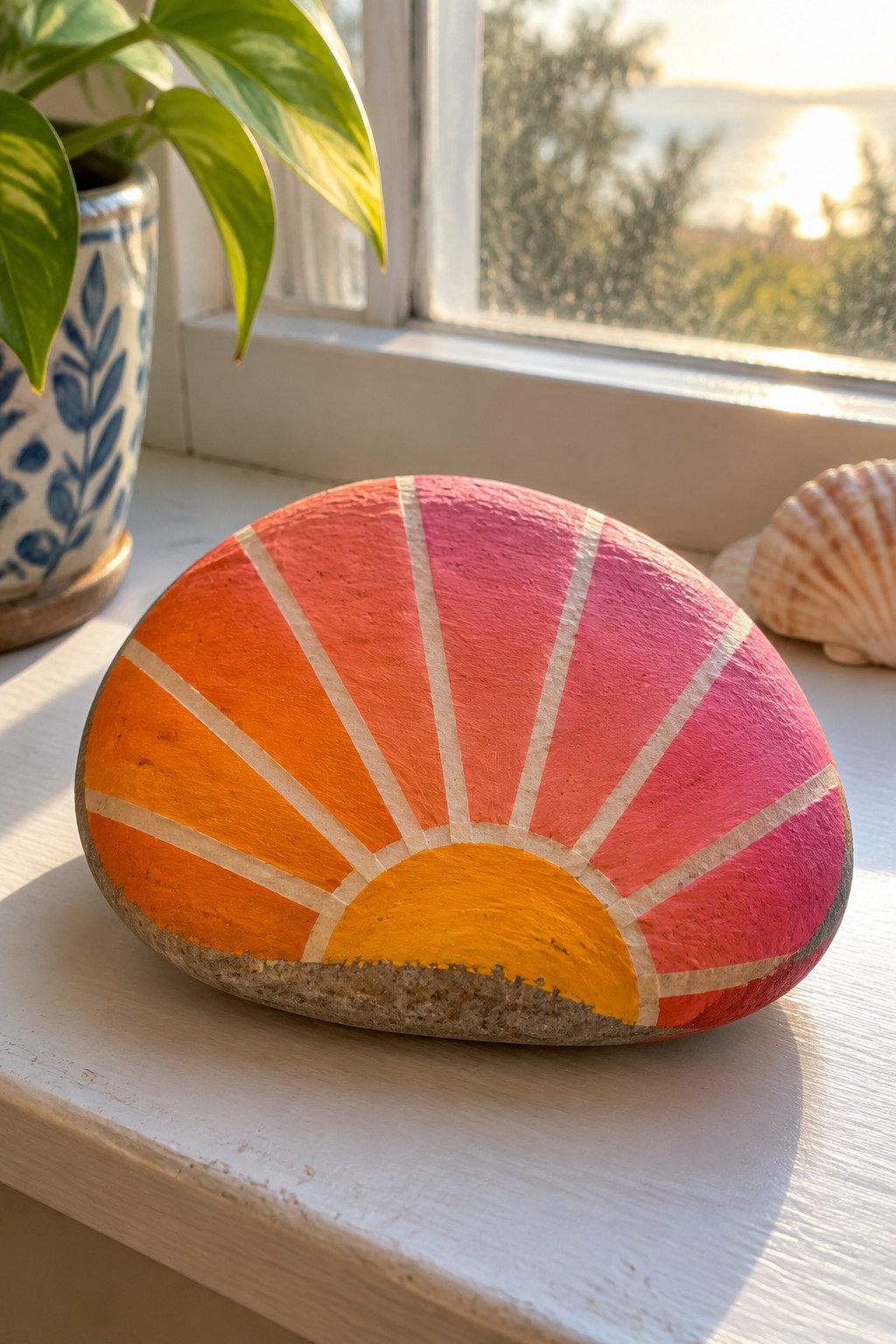 Painted rock with orange-pink sunburst on windowsill beside plant and seashell.