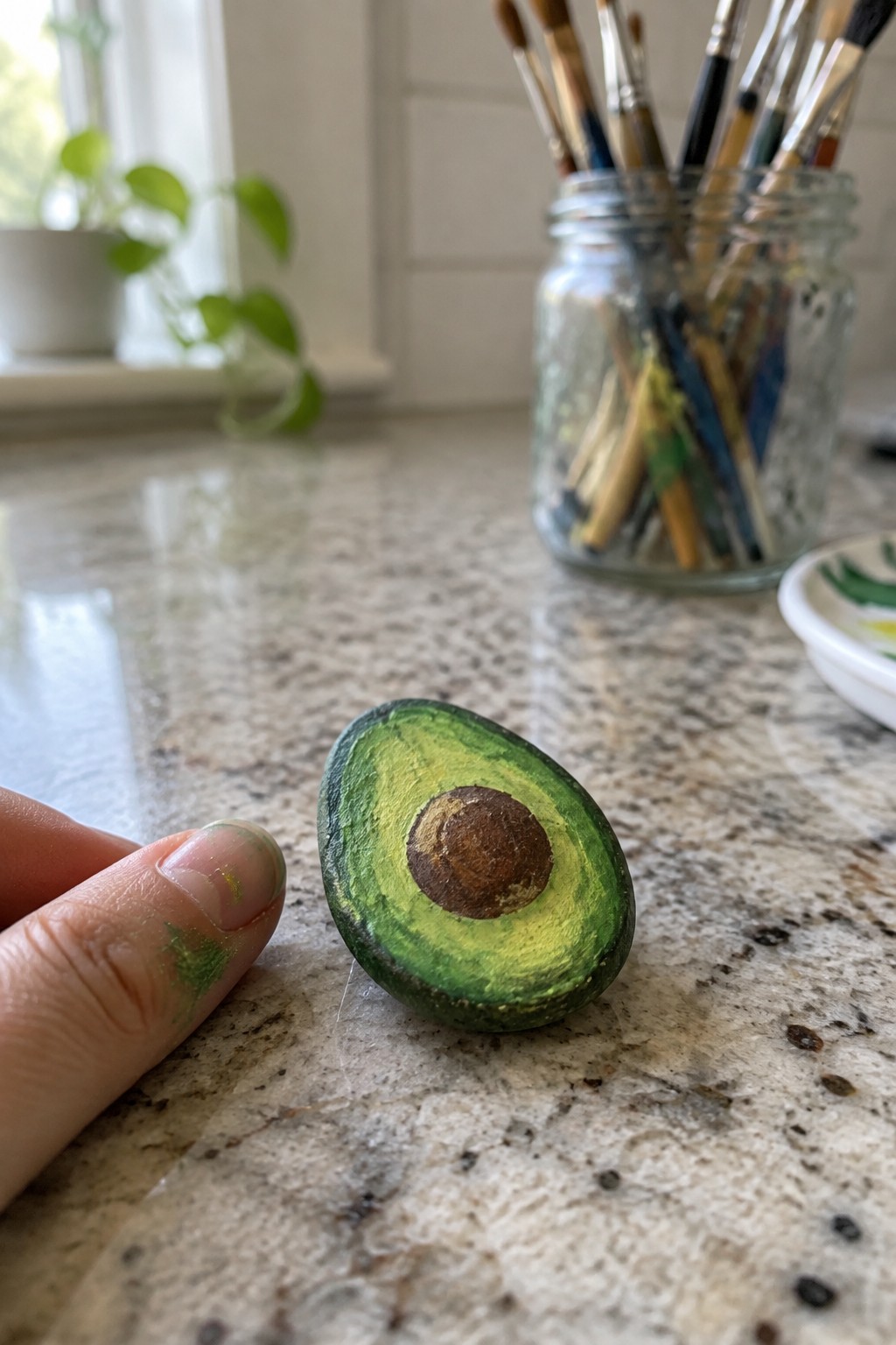 A small oval rock painted like a cut avocado rests on a marble surface near a jar of paintbrushes.