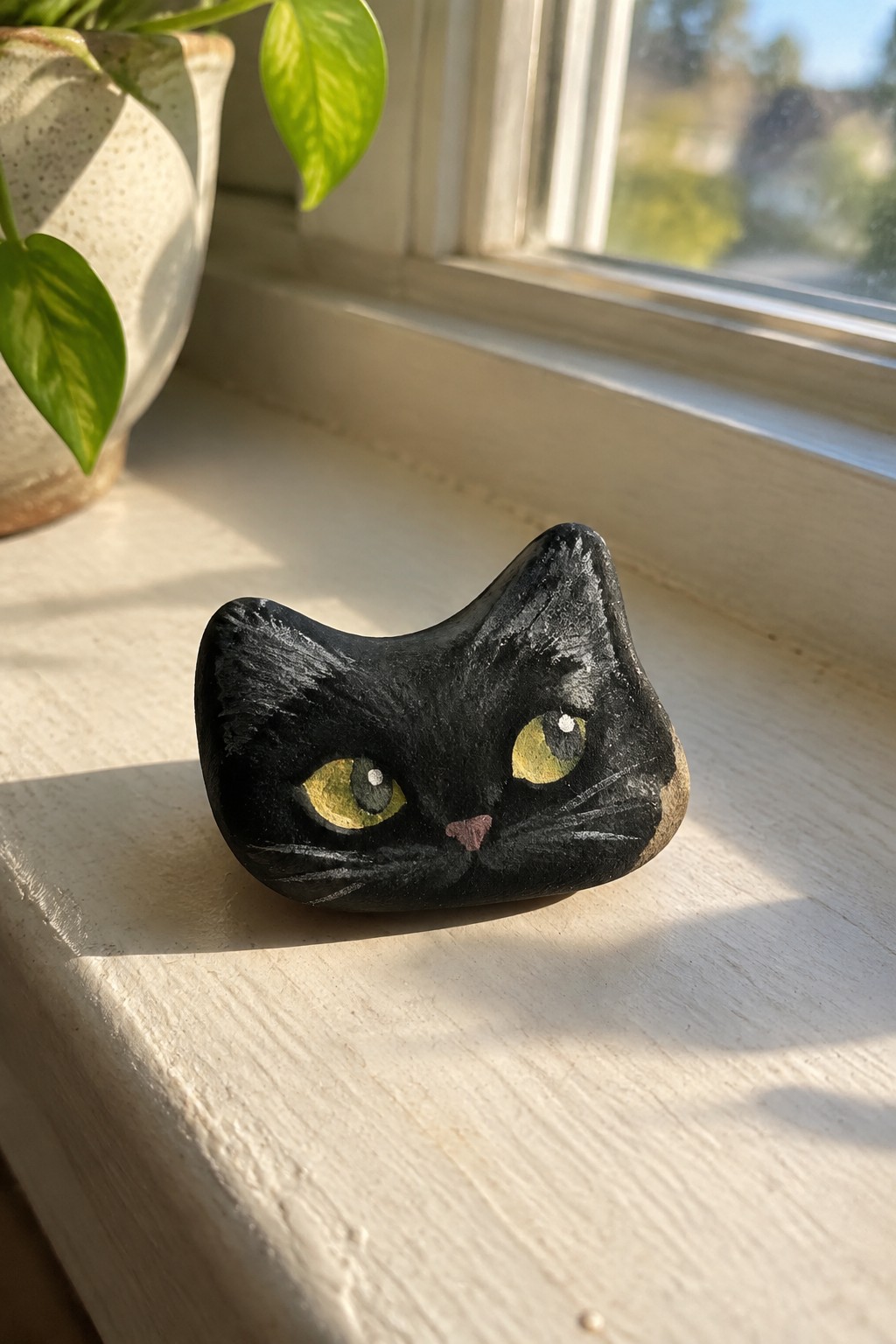Black painted cat rock with yellow eyes on sunlit windowsill near plant.