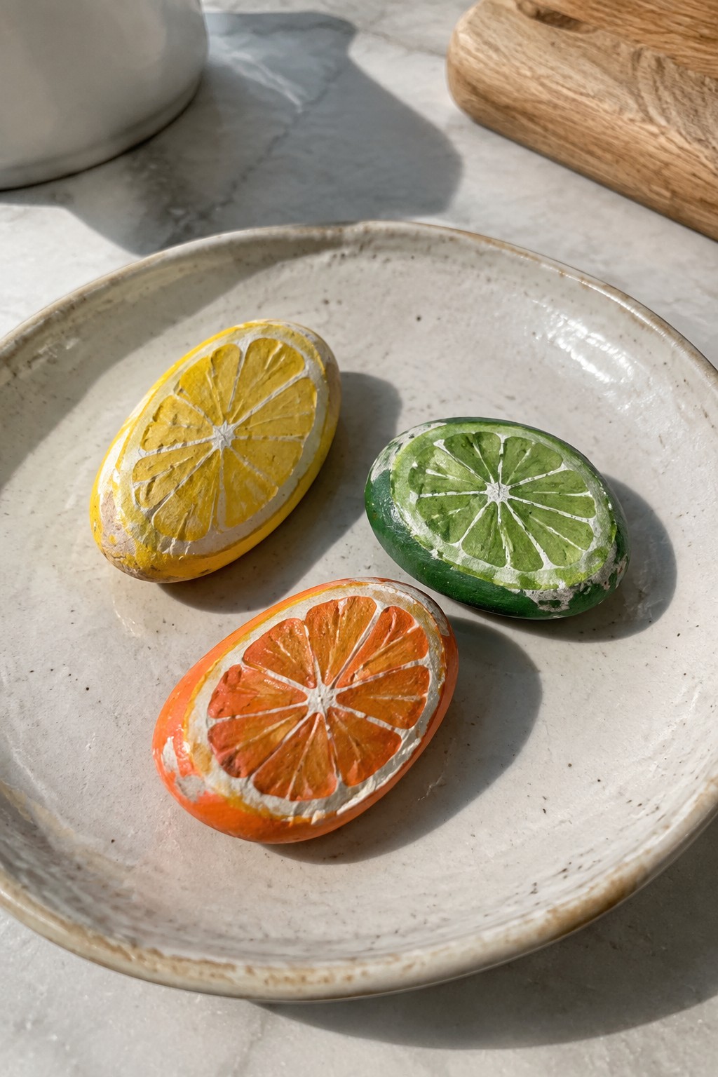Three painted rocks as lemon, lime, and orange slices on a plate.