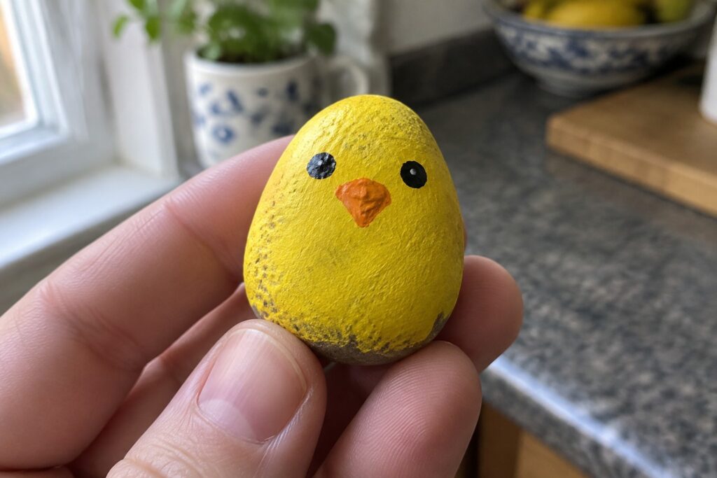 Hand holding yellow chick rock with black eyes, orange beak and feet.
