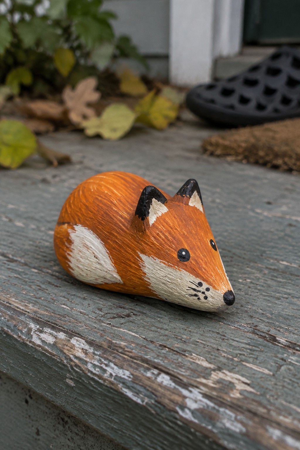 Hand-carved wooden fox figurine painted orange, white, and black on weathered steps.