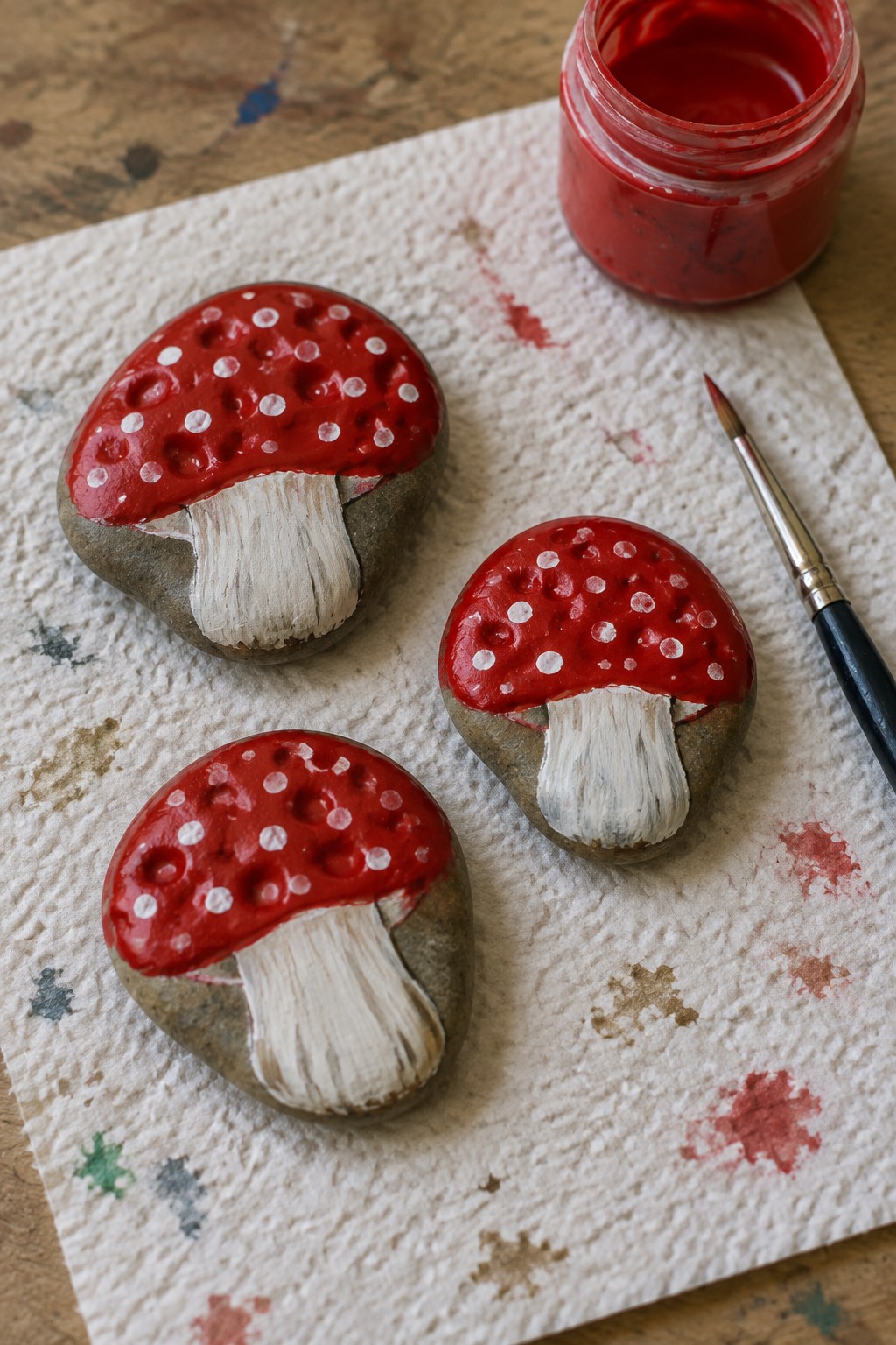 Three mushroom rocks painted red with white spots beside paint jar and brush