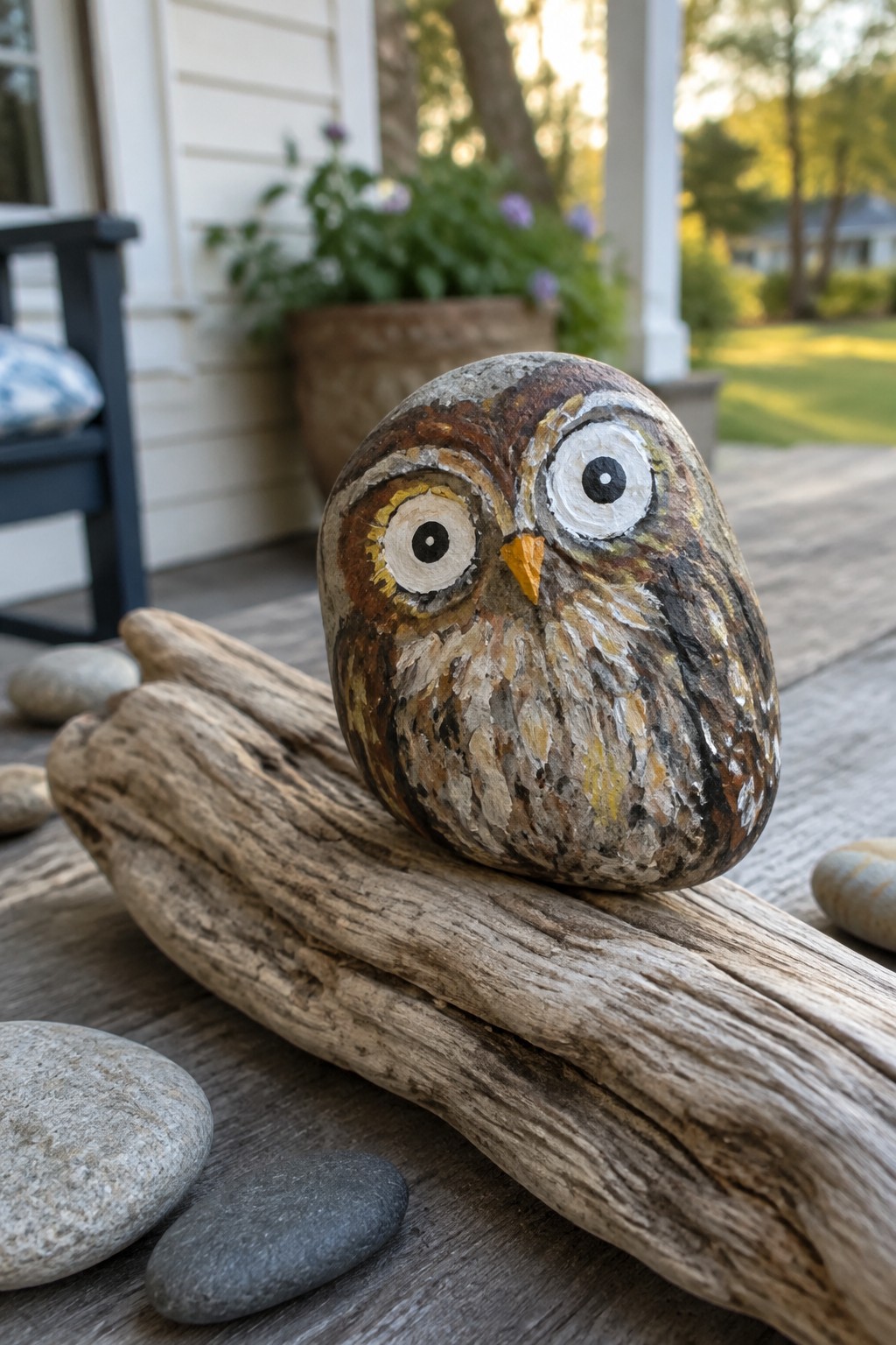 Painted owl rock with big eyes perched on driftwood amid pebbles on deck