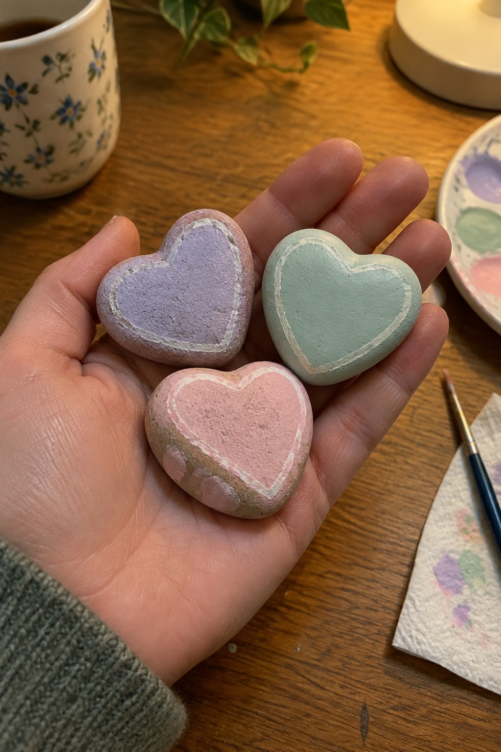 Hand holding three pastel purple, teal, and pink heart-shaped painted stones on wooden table