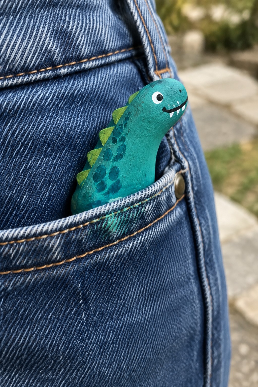 Teal wooden dinosaur toy peeking from blue denim jeans pocket with orange stitching