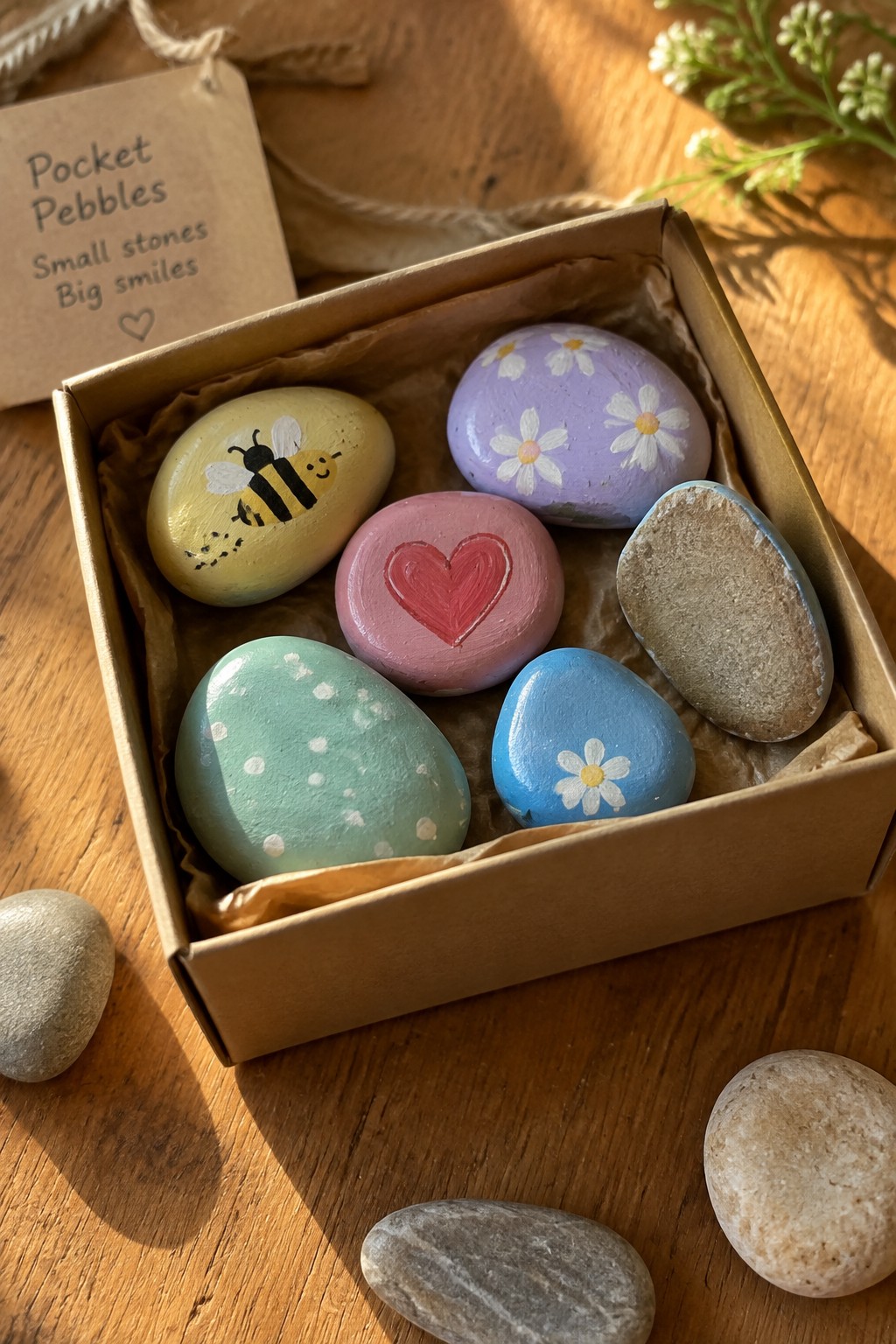 A box of small painted pebbles shows a bee on yellow, daisies on purple and blue, a heart on pink, and dots on mint green.