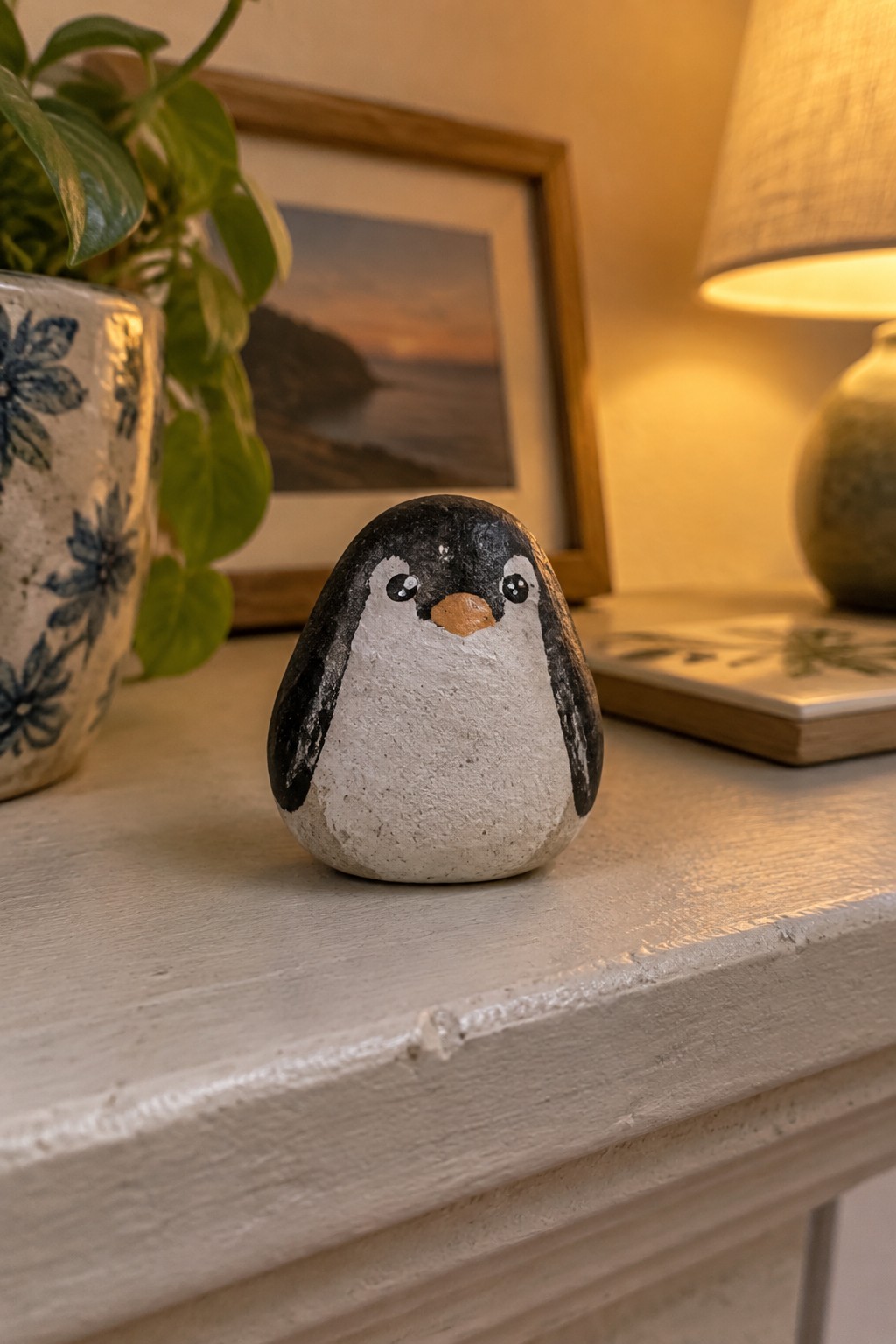 Painted rock penguin with black wings and orange beak on white shelf near plant and lamp