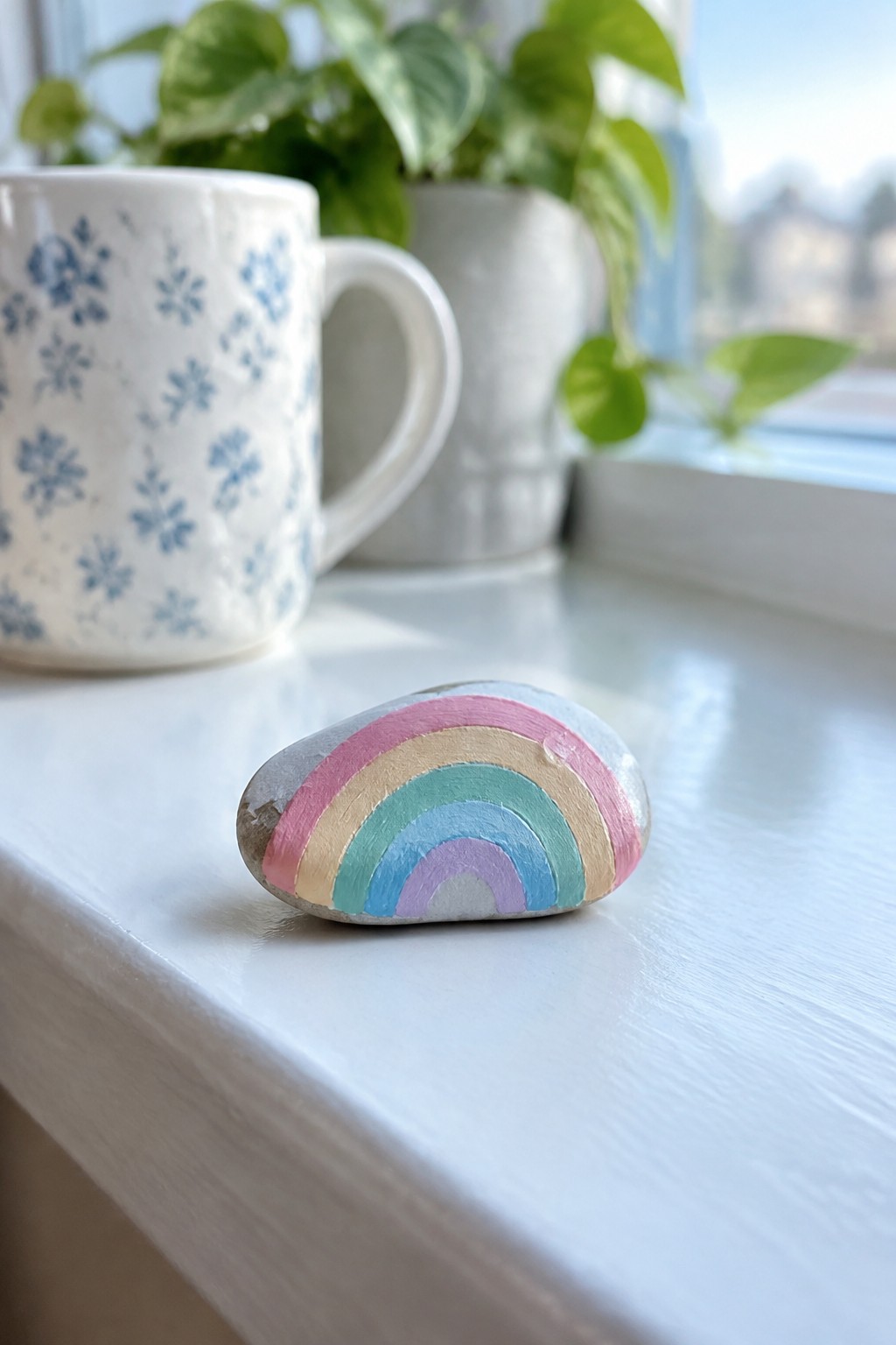 Rainbow-painted rock on white windowsill beside floral mug and green plant