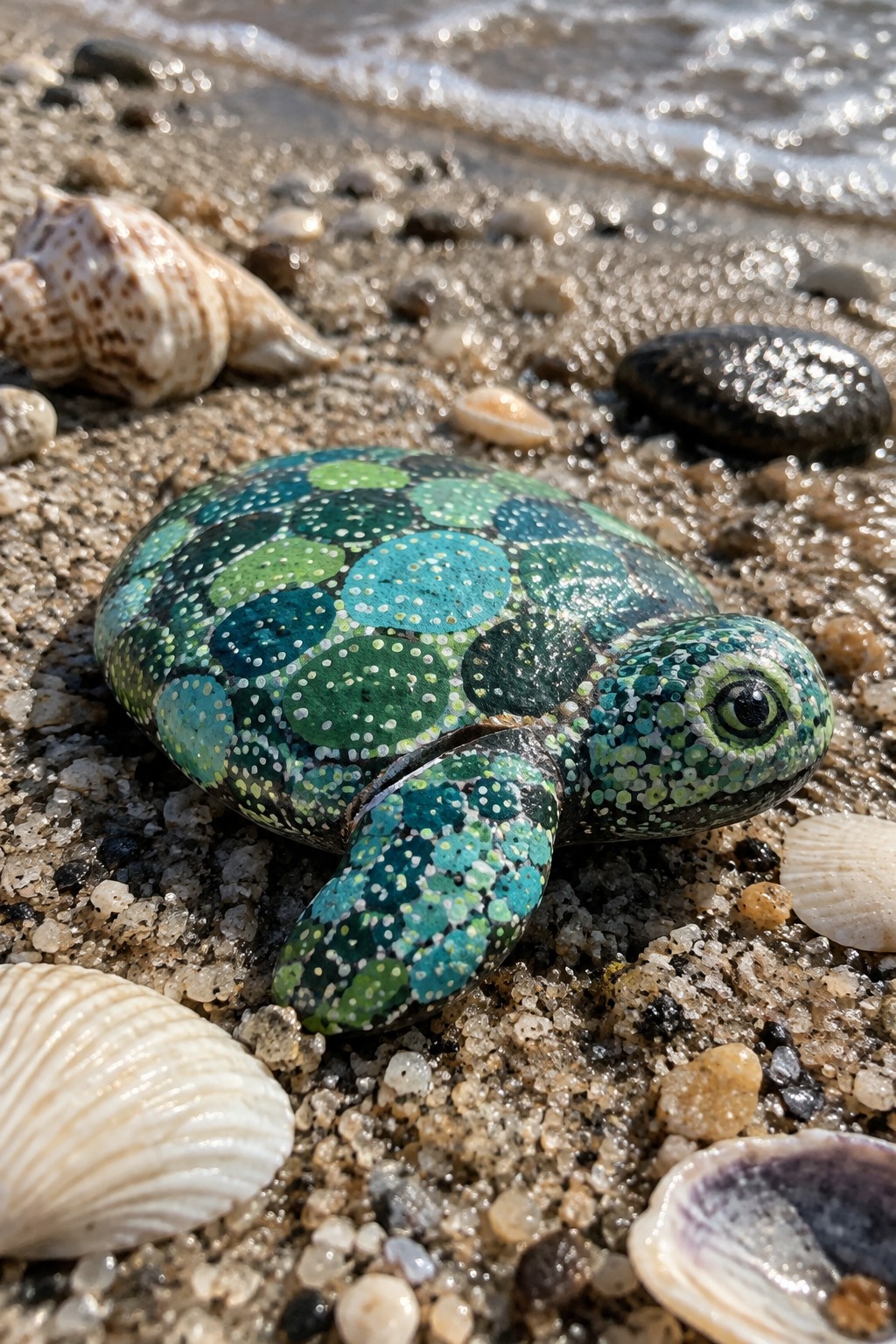 Vibrant green-blue dotted turtle rock on sandy beach amid seashells and waves