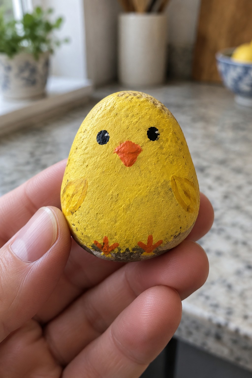 Hand holding yellow chick rock with black eyes, orange beak and feet.