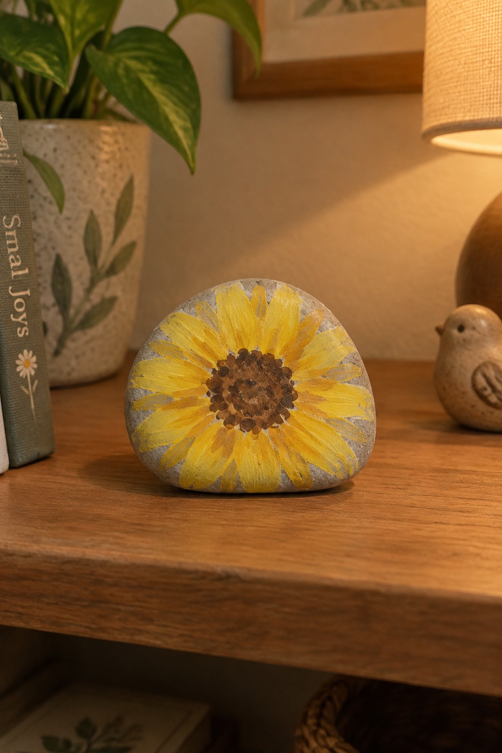 Painted gray stone with yellow sunflower on wooden table near plant and book.