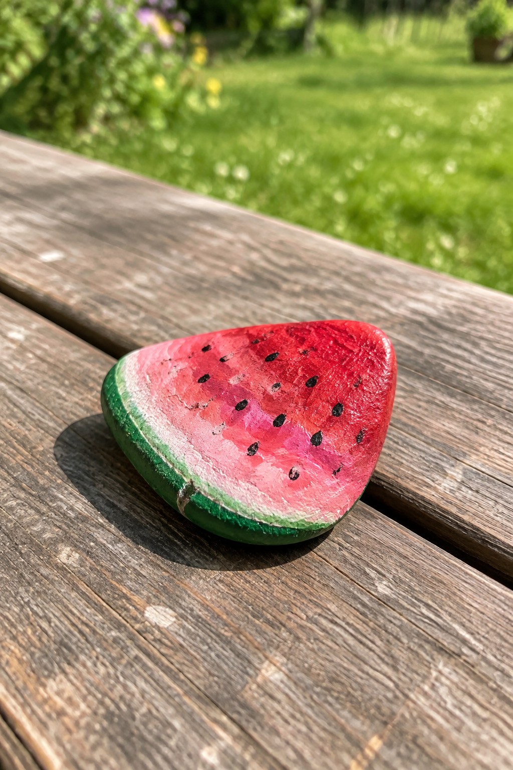 Painted rock resembling watermelon slice on wooden outdoor table in grass