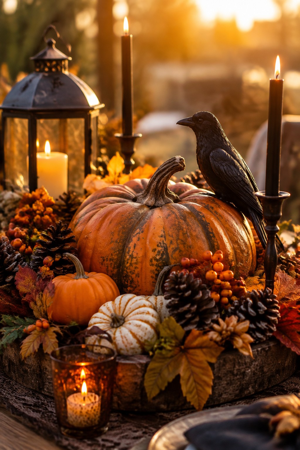 A wooden tray centerpiece with a large orange pumpkin topped by a black crow, surrounded by smaller pumpkins, black candles, pinecones, and autumn leaves.