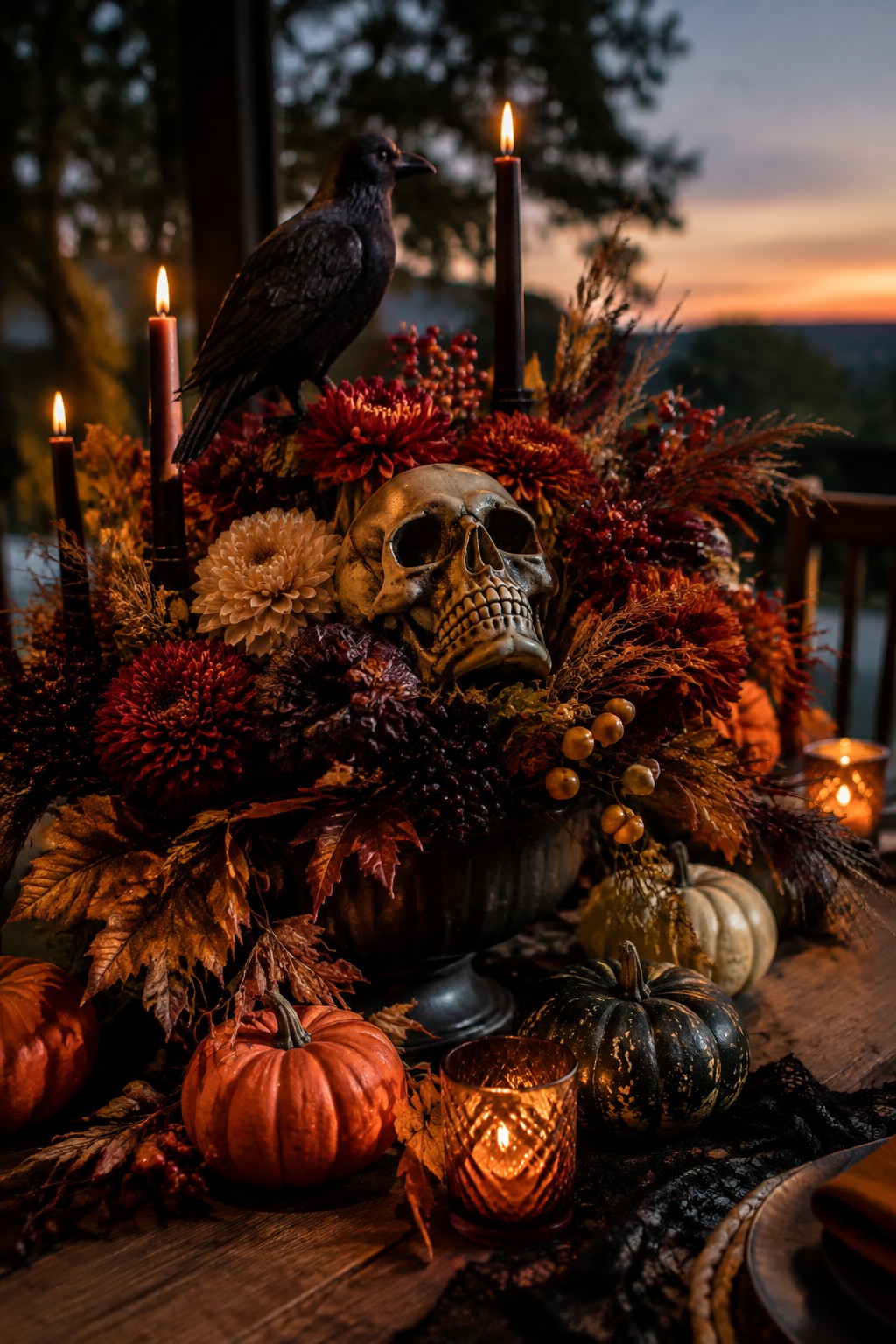 Skull and black crow amid red flowers, pumpkins, and lit candles on wooden table