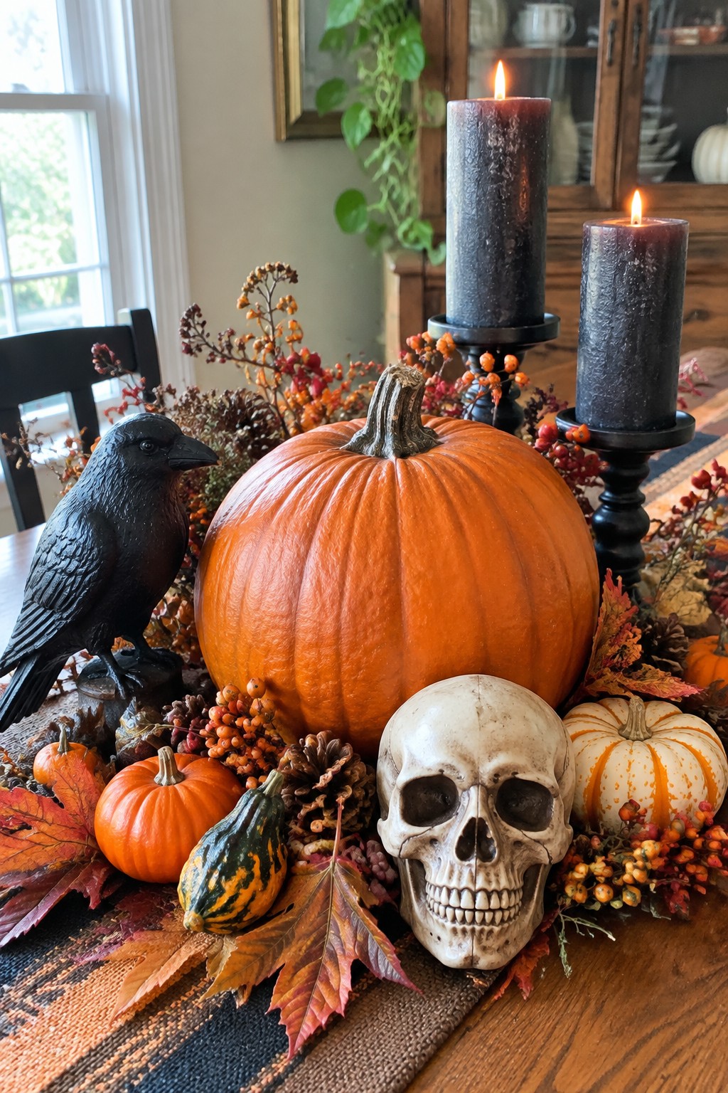 Autumn centerpiece with pumpkin, skull, black crow, gourds, leaves, and lit candles