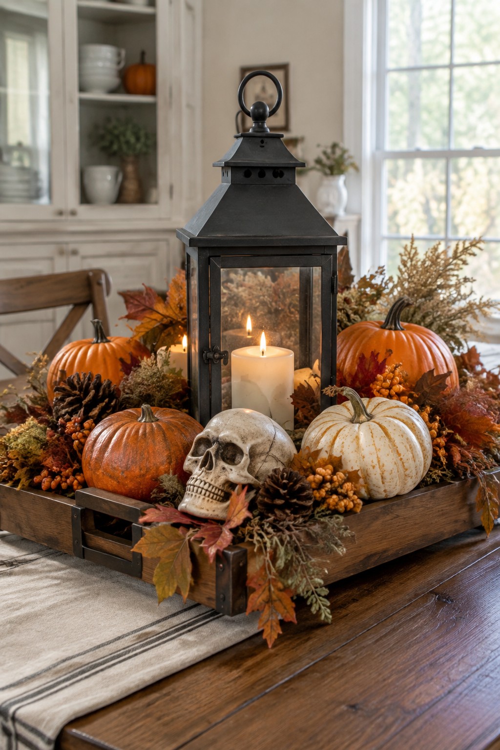 Wooden tray centerpiece on a dining table holding orange and white pumpkins, a white skull, pinecones, autumn leaves, berries, and a black lantern with lit candles.