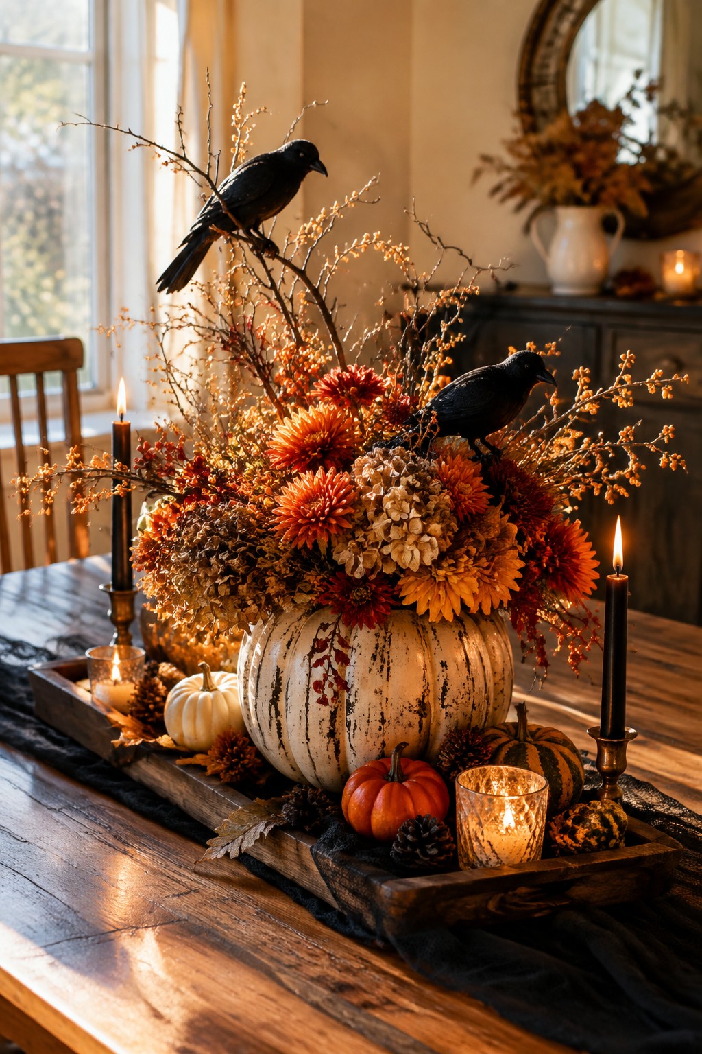 A wooden dining table centerpiece featuring a large white pumpkin topped with orange flowers, dried branches, and two black crows, surrounded by smaller pumpkins, pinecones, and lit black candles.