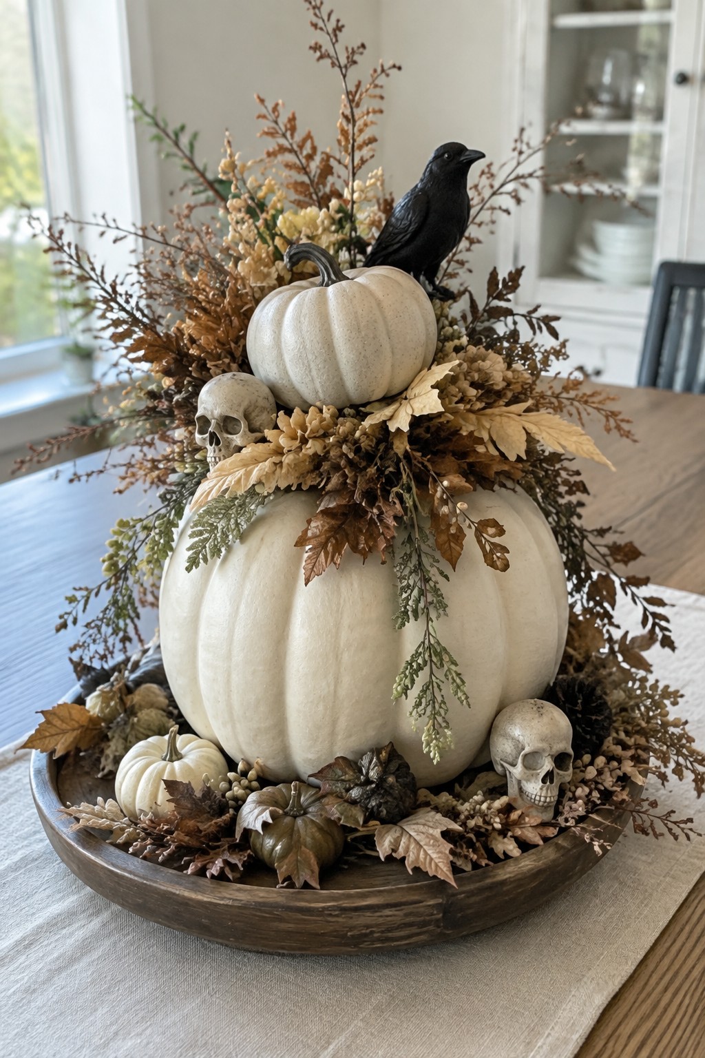 White pumpkins arranged in a wooden tray with skulls and a black crow on a dining table.