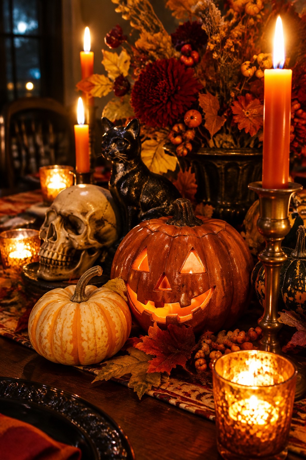A dining table centerpiece with a carved jack-o'-lantern surrounded by lit candles, a skull, a black cat figurine, and smaller pumpkins.